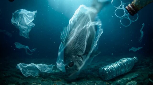 Marine fish entangled in transparent plastic bag swimming in polluted ocean. Environmental pollution affecting sea life