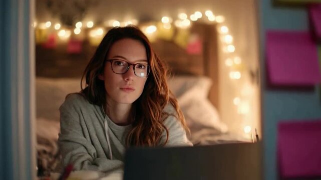 Focused Glance: A determined individual with glasses is absorbed in the glow of a computer screen, surrounded by ambient lighting and sticky notes, hinting at deep thought and a focused mindset.