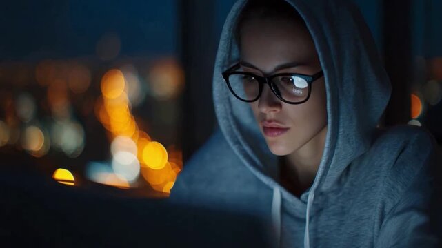 Nocturnal Coding: A focused individual, illuminated by the glow of a computer screen, diligently works into the late hours, immersed in a world of technology and innovation. 