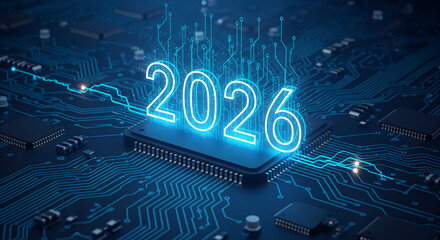 2026 glowing on circuit board background
