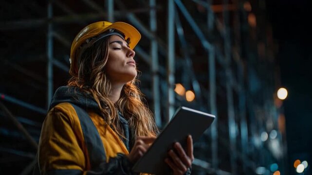 Visionary Engineer: An insightful female engineer meticulously examines construction progress, her focused gaze reflecting dedication and expertise amid the industrial environment.