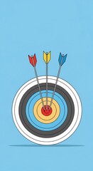 Illustration of three arrows hitting the red center of a bullseye target board, representing business success, goal and accuracy.