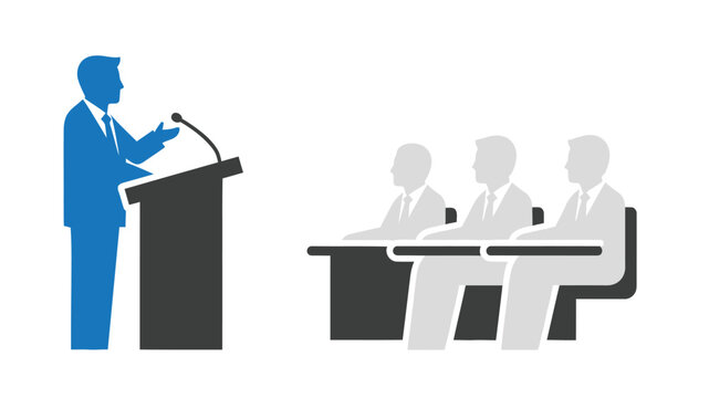 A public speaker addressing an audience with a panel of judges or interviewers present