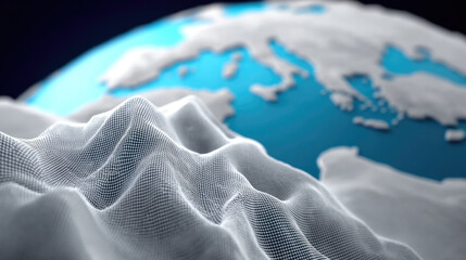 Abstract mesh mountain landscape, digital terrain, blue globe background, futuristic network, technology concept, modern design