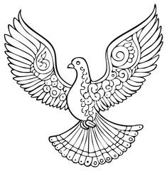 Obraz premium Elegant detailed outline of a dove in flight, wings spread wide, intricate feathered design, line drawing style illustration for coloring book.
