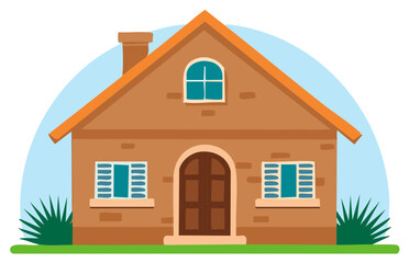 Illustration of a Brick House with Green Lawn, Bushes, and Blue Accents, Arched Doorway