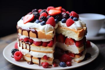 Layered sponge cake filled with fresh berries and cream, topped with chocolate sauce