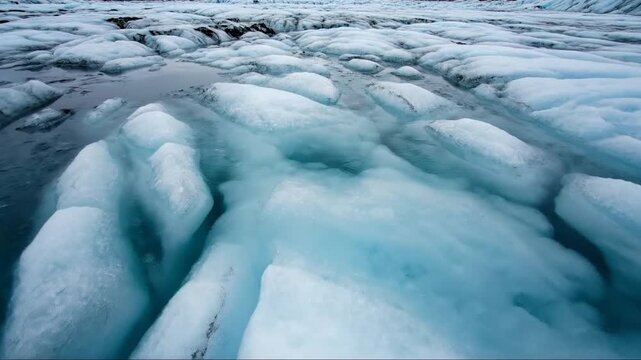 Melting Ice Formations and Glacial Crevices in a Frozen Landscape