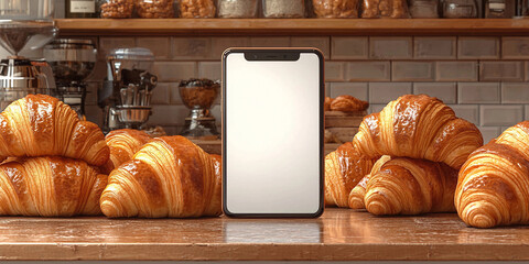 Blank smartphone mockup on table with croissants Generative AI