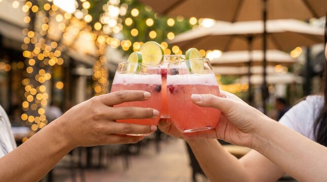 Friends clinking pink cocktails during outdoor evening gathering