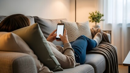 A woman comfortably unwinding on her living room sofa, engrossed in her smartphone with a blank screen, representing modern connectivity and leisure
