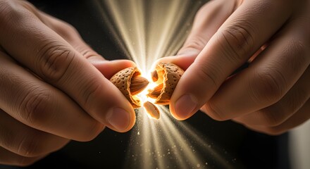 Hands breaking almond seed with light beams shining out dramatically.