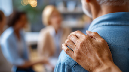 Supportive hand on friend's shoulder, soft out-of-focus setting, compassion connection display, peer mental health support, defocused group environment, with copy space