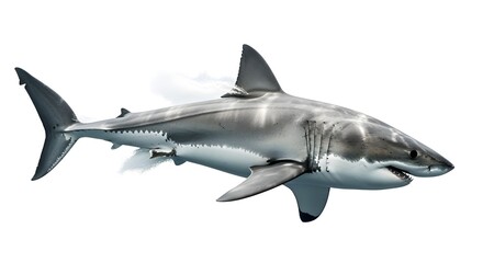 Fototapeta premium Shark in dynamic swimming motion, powerful streamlined body, sharp fin silhouettes, isolated white.