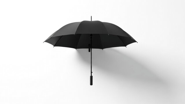 Single black umbrella suspended against a pristine white wall, casting a subtle shadow and turning a simple object into a crisp minimalist study of balance, contrast, and quiet design


