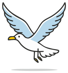 Obraz premium Stylized White Seagull Flying with Light Blue Wings and Yellow Beak