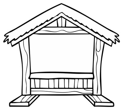 Black and white illustration of a simple wooden hut or shelter for potential use.
