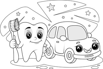 Tooth coloring page with toothbrush and car, dental line illustration