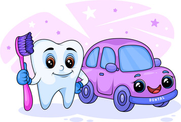 Сute cartoon tooth brushing teeth with toothbrush and car, dental care concept