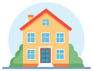 Bright yellow cartoon house with red roof blue door multiple windows and green bushes flat illustration