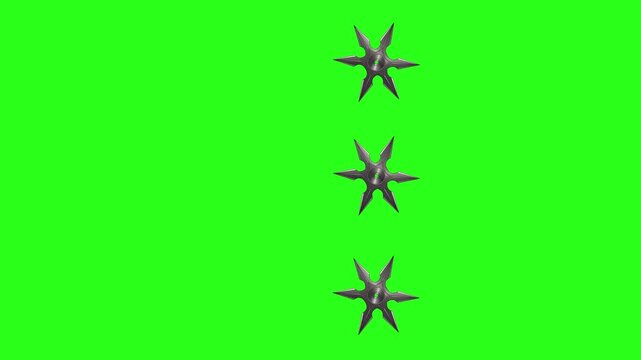 Three spinning silver shurikens flying on green screen. 3D ninja stars weapon animation. Martial arts combat equipment isolated.