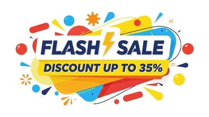 Flash sale banner animation with colorful shapes and lightning bolt. Discount up to 35 percent off. Modern marketing promotion motion graphics - Powered by Adobe