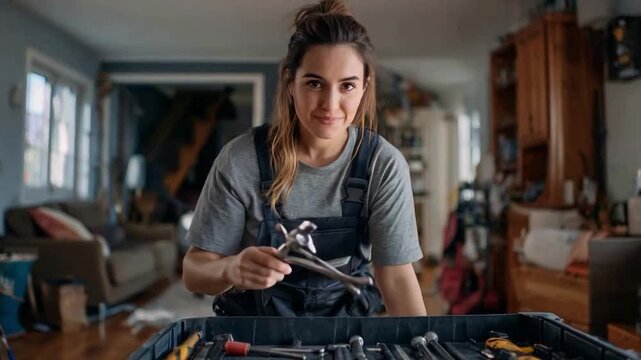 Tools of Empowerment: A confident woman, amidst the backdrop of her workspace, wields a tool from her collection, symbolizing skill and self-reliance, with an expression of empowerment. 