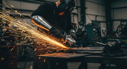 Sparks Fly: Metalworker Grinding Steel with Protective Gear in Workshop