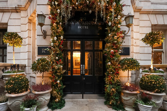 London, England, UK December 16, 2025: The Royal Horseguards Hotel entrance decorated for Christmas in London