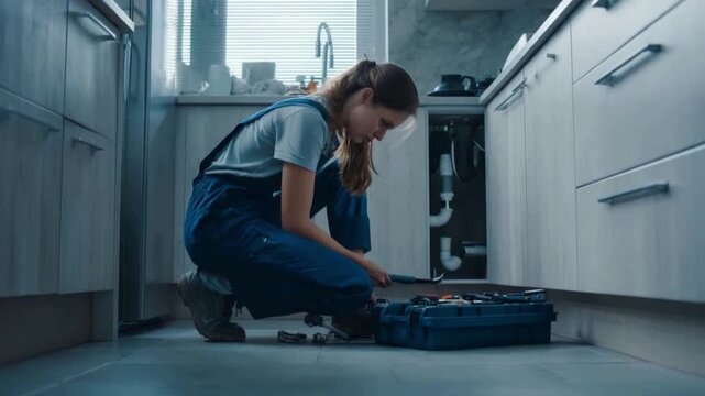 A Plumber at Work: A skilled plumber, diligently focused, repairs a pipe in a kitchen, showcasing expertise and dedication to her craft. This image depicts technical competence in plumbing.