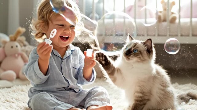 Charming moments of a toddler and a cat sharing a playful afternoon filled with bubbles in a cozy nursery Generative AI