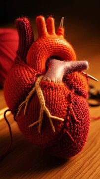 Anatomically correct human heart made from knitted yarn rests on a wooden surface. Warm, dramatic lighting emphasizes the soft textile textures and detailed craftsmanship.