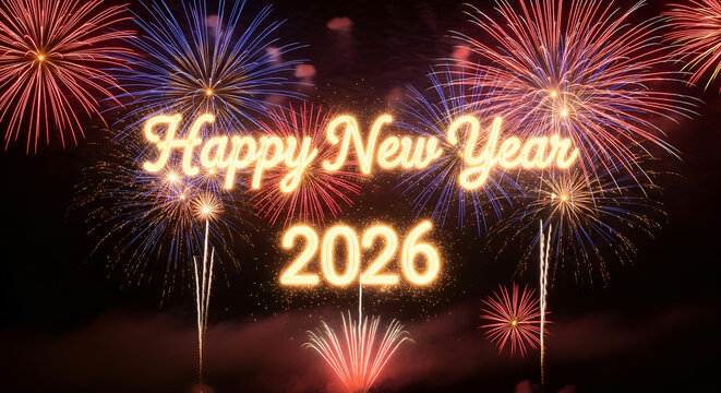 Yellow glowing text happy new year 2026 digital fireworks background 