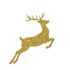 Obraz premium a majestic reindeer silhouette, entirely formed from ultra-fine gold glitter texture, captured mid-leap against a pristine transparent studio background with dramatic lighting. concept for high-end