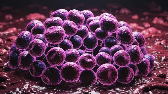 Cluster of purple and pink cells multiplies on an organic tissue surface. Dramatic lighting emphasizes the detailed, textured surfaces in this 3D render.
