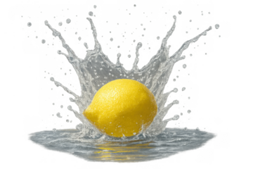 Lemon dropping into clear water, creating dynamic splash and refreshing ripple, transparent background
