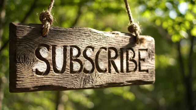 Wooden subscribe sign hangs from a rope in a green forest. Natural sunlight highlights the carved letters and weathered wood grain.