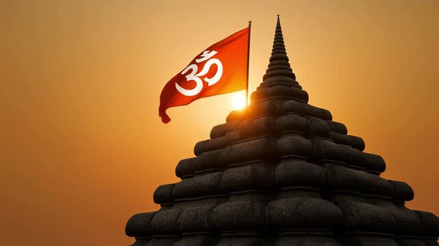 Majestic Hindu Temple Shikhara With Waving Bhagwa Flag Against Stunning Sunset Sky