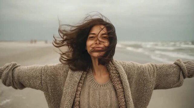 Freedom in the Breeze: A woman with outstretched arms embraces the invigorating sea breeze on a tranquil beach, her hair flowing freely as she embodies pure liberation and serenity.