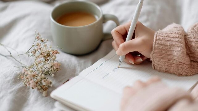 A woman is writing in a notebook with a pen and a cup of coffee next to her. The coffee cup is half full and the woman is writing in a cursive style. Concept of relaxation and focus