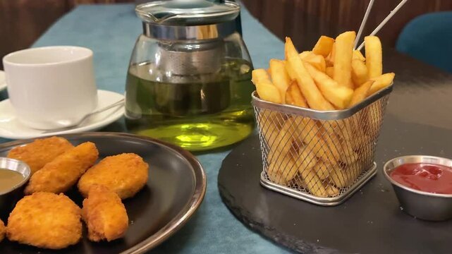 Kluang, Malaysia, 14 November 2024, French fries with chicken nuggets combo and two cup of beverages, popular street food for tea break in local small town. Isolated blurred background.
