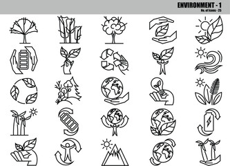 Environmental Protection Line Icons Set &ndash; Sustainability, Green Energy, Recycling & Earth Care Outline Symbols, Editable Vector Pack