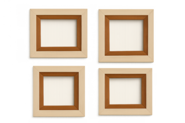 Four empty square wooden picture frames arranged in a grid with light and dark brown finishes, transparent background