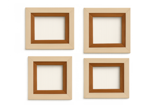 Four empty square wooden picture frames arranged in a grid with light and dark brown finishes, transparent background - Powered by Adobe