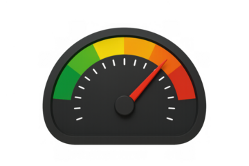 Measuring risk performance with a speedometer gauge icon illustrating speed, analysis, and data on a transparent background