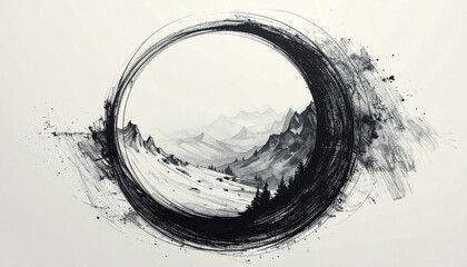 Abstract black circle with dynamic brush strokes