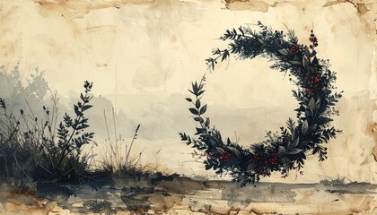 Black and white botanical illustration on textured paper