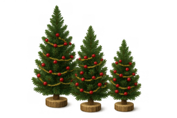 Three festive christmas trees with traditional red ornaments and a golden garland creating a holiday celebration atmosphere