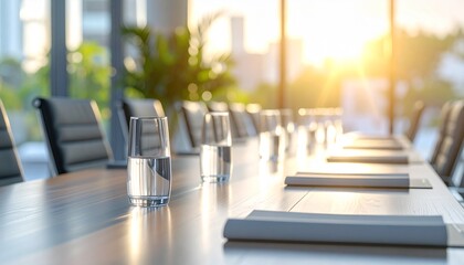 Modern conference room with water glasses on table