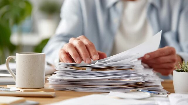 A person is sitting at a desk with a pile of papers and a cup of coffee. Concept of productivity and focus, as the person is likely working on a project or task